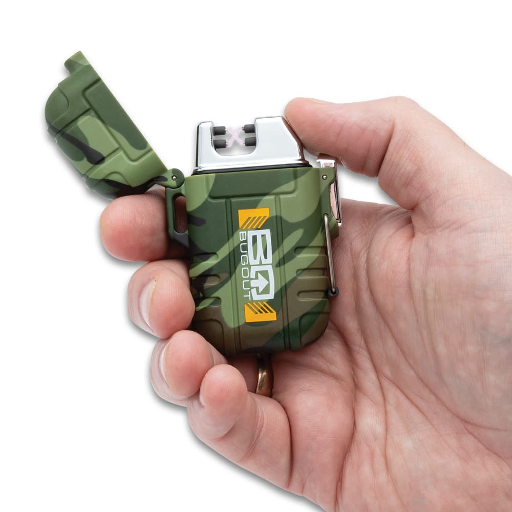 Full image of camo Arc Lighter held in hand. image number 2